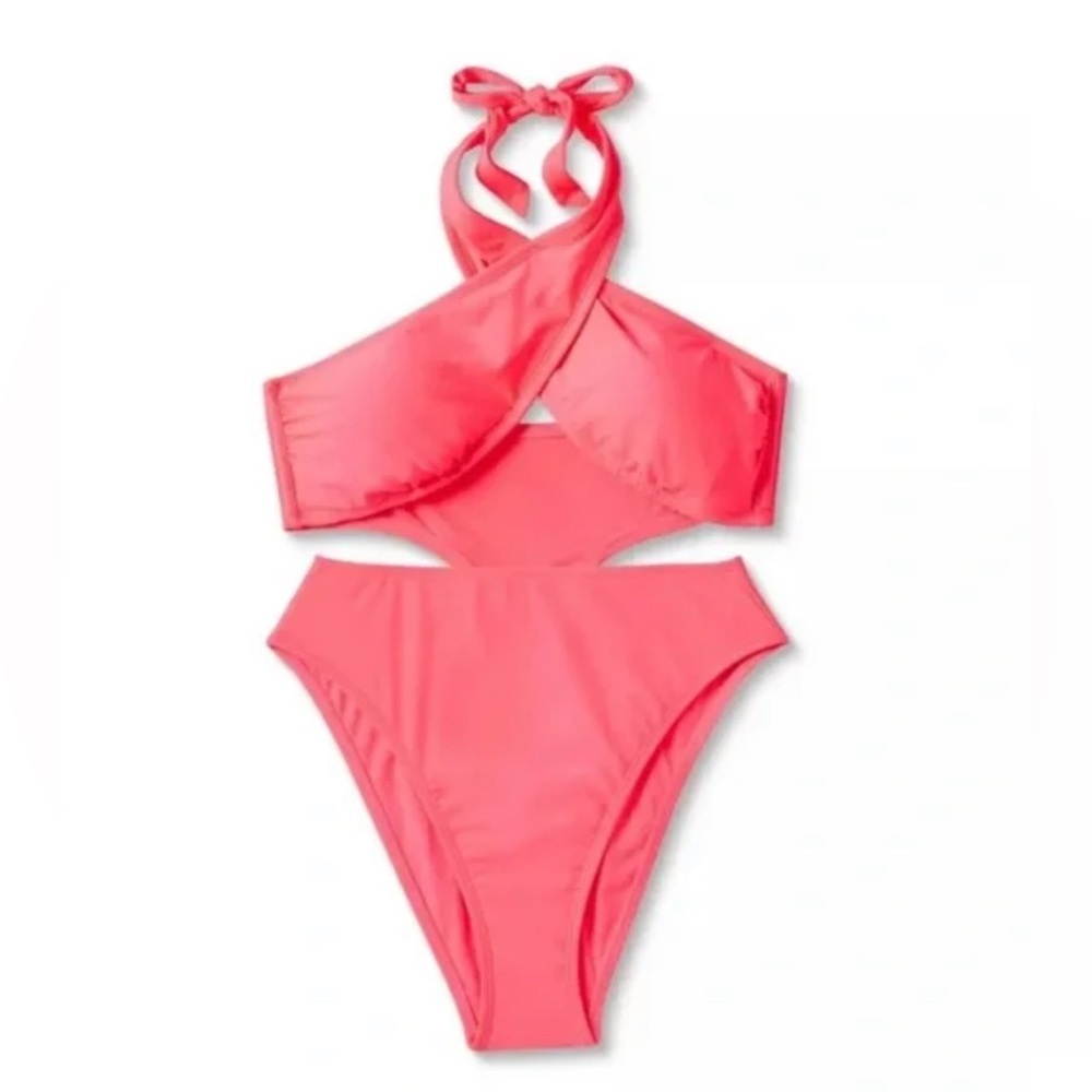 ☀️Wild Fable Cross Front Halter Swimsuit, Pink, NWT, $32 MSRP, XS 0-2